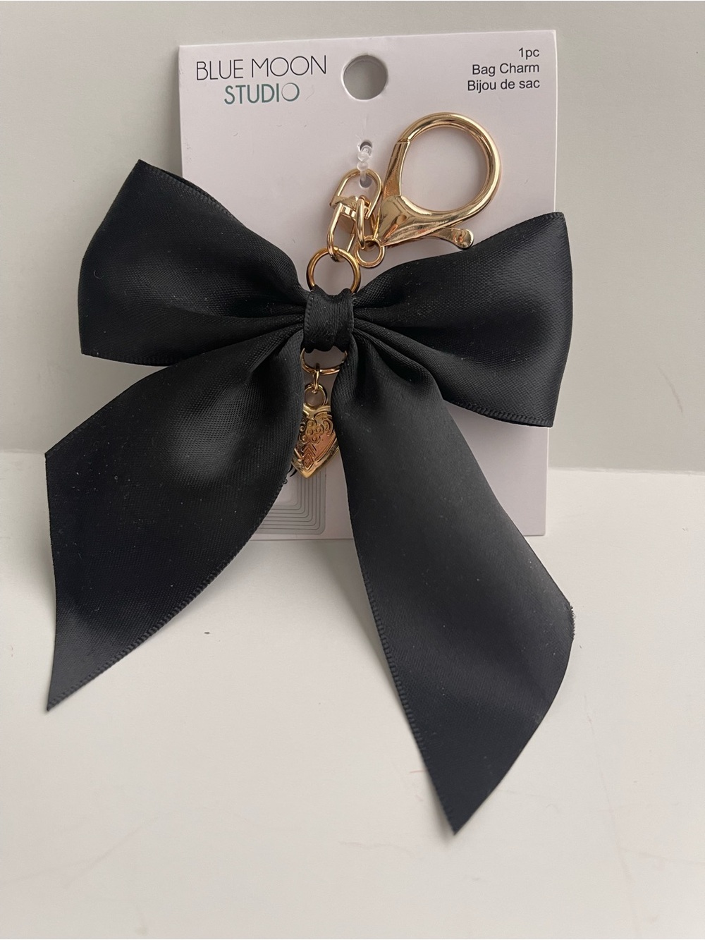 Blue Moon Studio Black Satin Bow Key and Bag Charm with Gold Hardware
